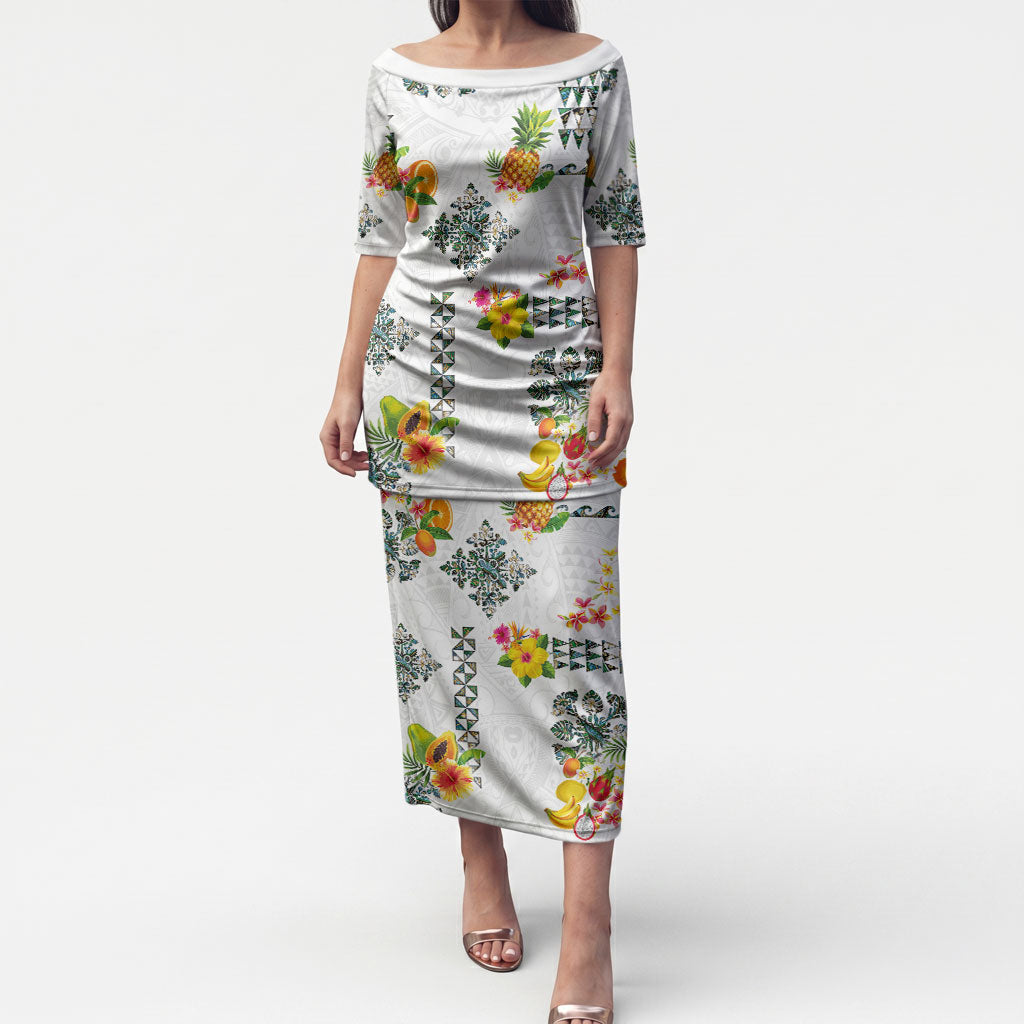 Hawaiian Quilts Puletasi Tropical Fruits and Plants LT03 Long Dress White - Polynesian Pride