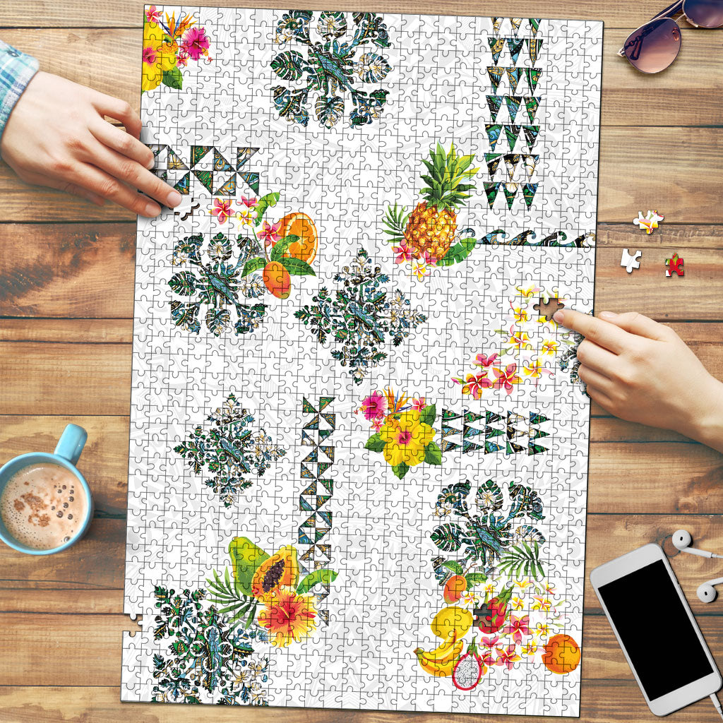 Hawaiian Quilts Puzzle Tropical Fruits and Plants LT03 White - Polynesian Pride