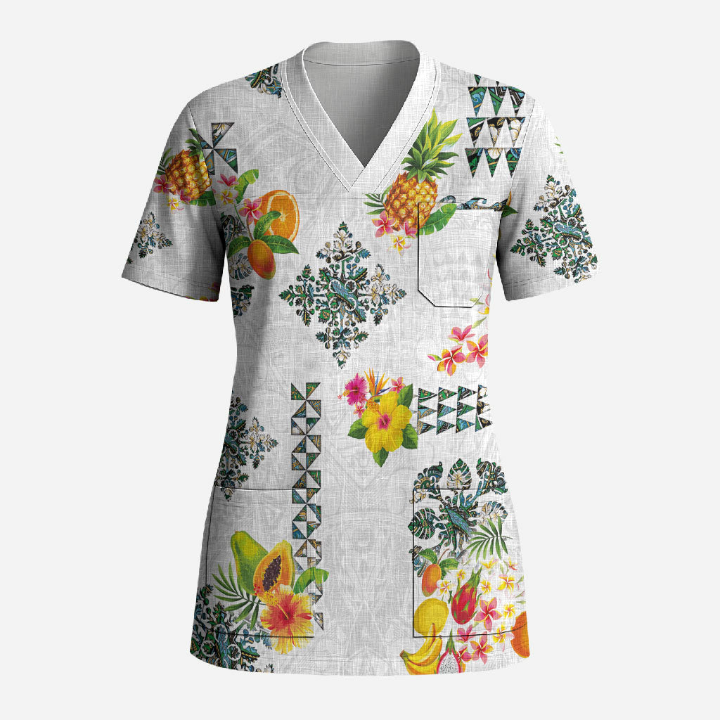 Hawaiian Quilts Scrub Top Tropical Fruits and Plants LT03 Adult White - Polynesian Pride