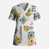 Hawaiian Quilts Scrub Top Tropical Fruits and Plants LT03 Adult White - Polynesian Pride