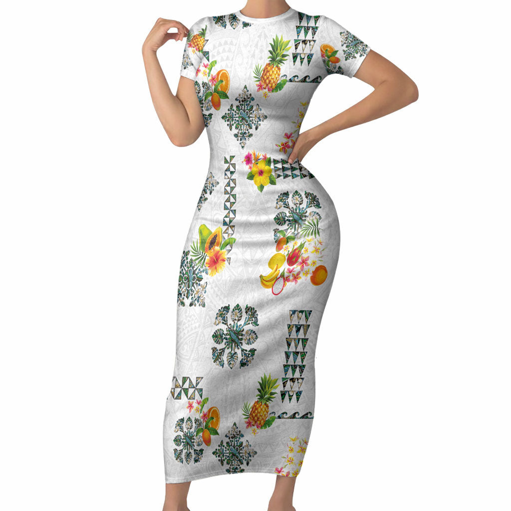 Hawaiian Quilts Short Sleeve Bodycon Dress Tropical Fruits and Plants LT03 Long Dress White - Polynesian Pride