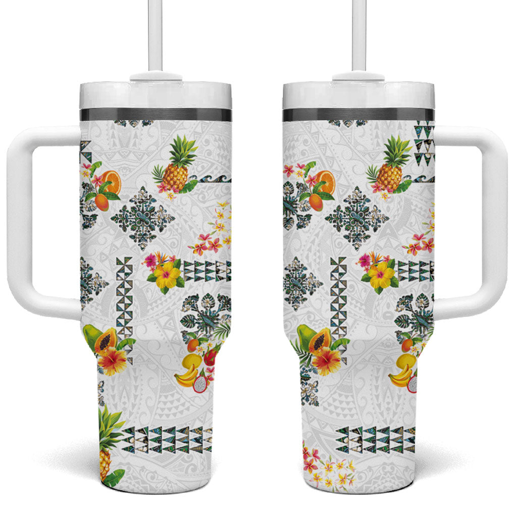 Hawaiian Quilts Tumbler With Handle Tropical Fruits and Plants LT03 One Size: 40 oz White - Polynesian Pride