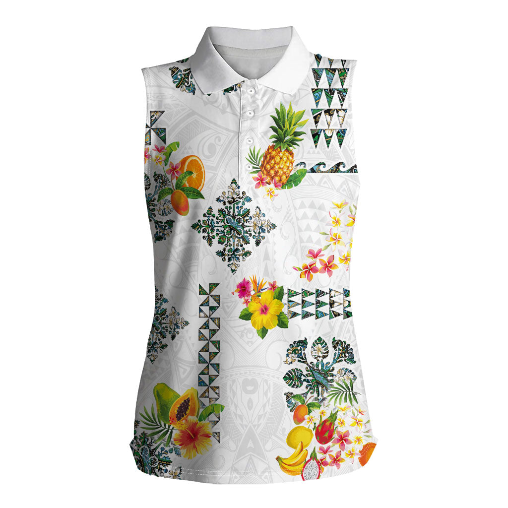 Hawaiian Quilts Women Sleeveless Polo Shirt Tropical Fruits and Plants LT03 Female White - Polynesian Pride