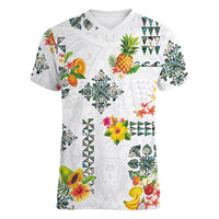 Hawaiian Quilts Women V-Neck T-Shirt Tropical Fruits and Plants LT03 Female White - Polynesian Pride