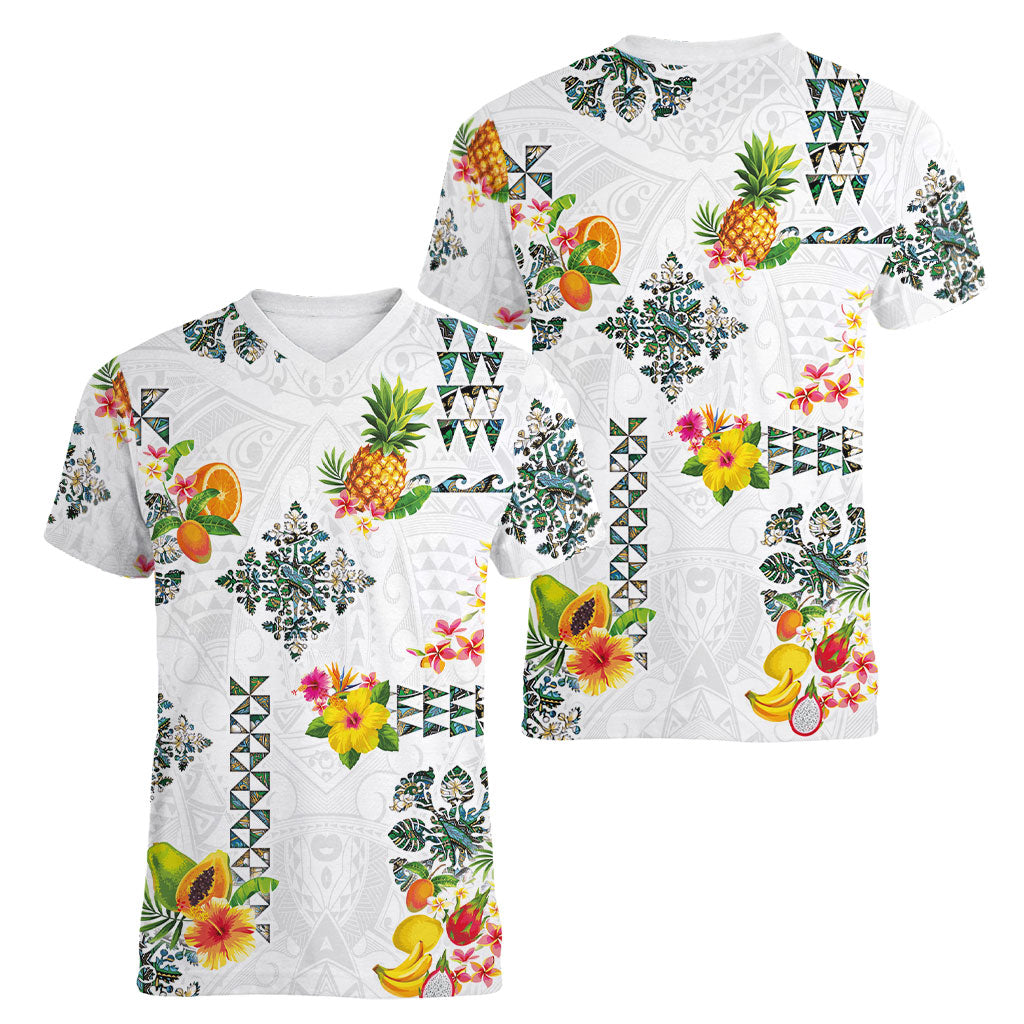 Hawaiian Quilts Women V-Neck T-Shirt Tropical Fruits and Plants LT03 - Polynesian Pride