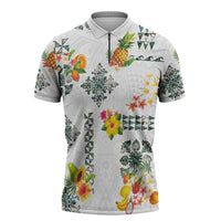 Hawaiian Quilts Zipper Polo Shirt Tropical Fruits and Plants LT03 White - Polynesian Pride