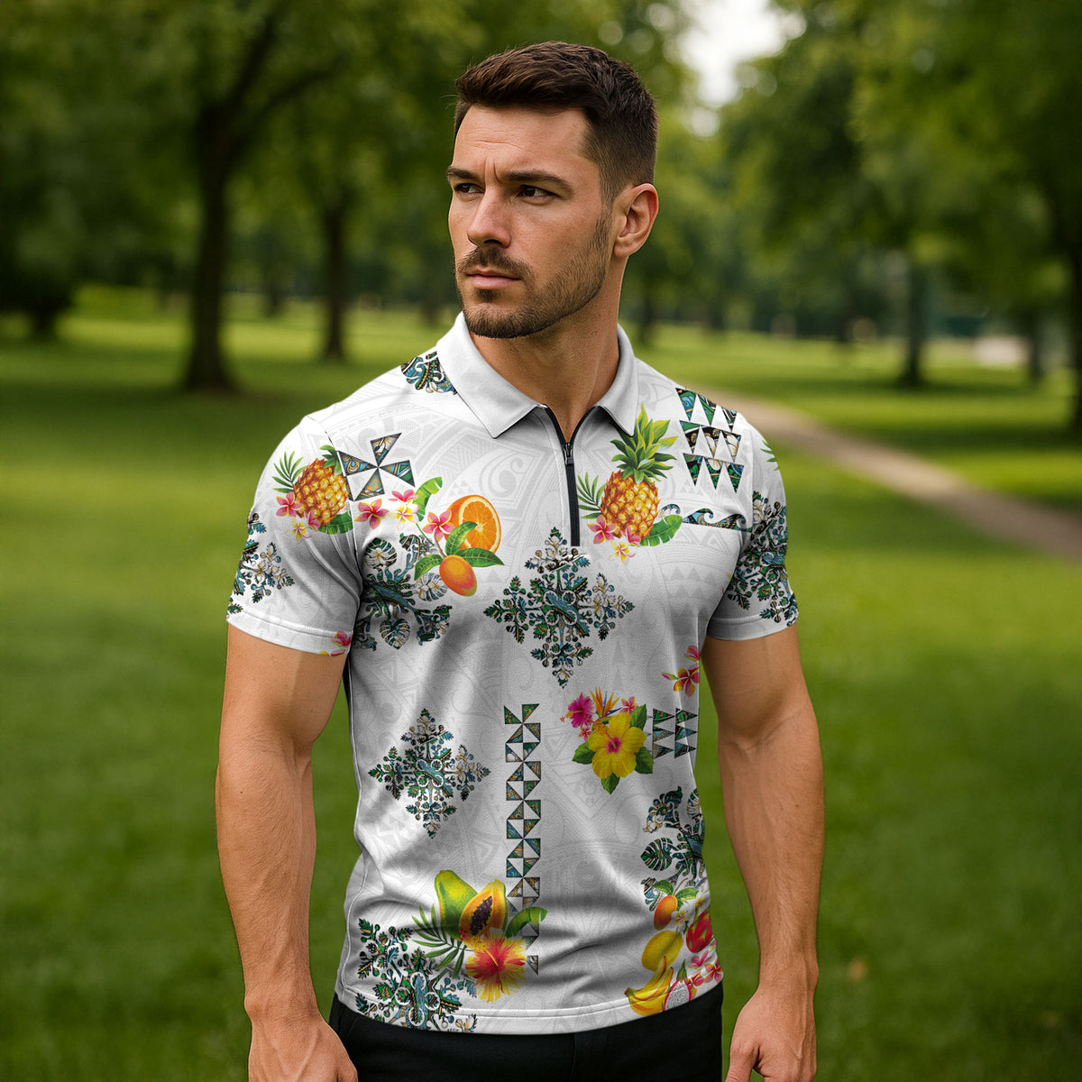 Hawaiian Quilts Zipper Polo Shirt Tropical Fruits and Plants LT03 - Polynesian Pride