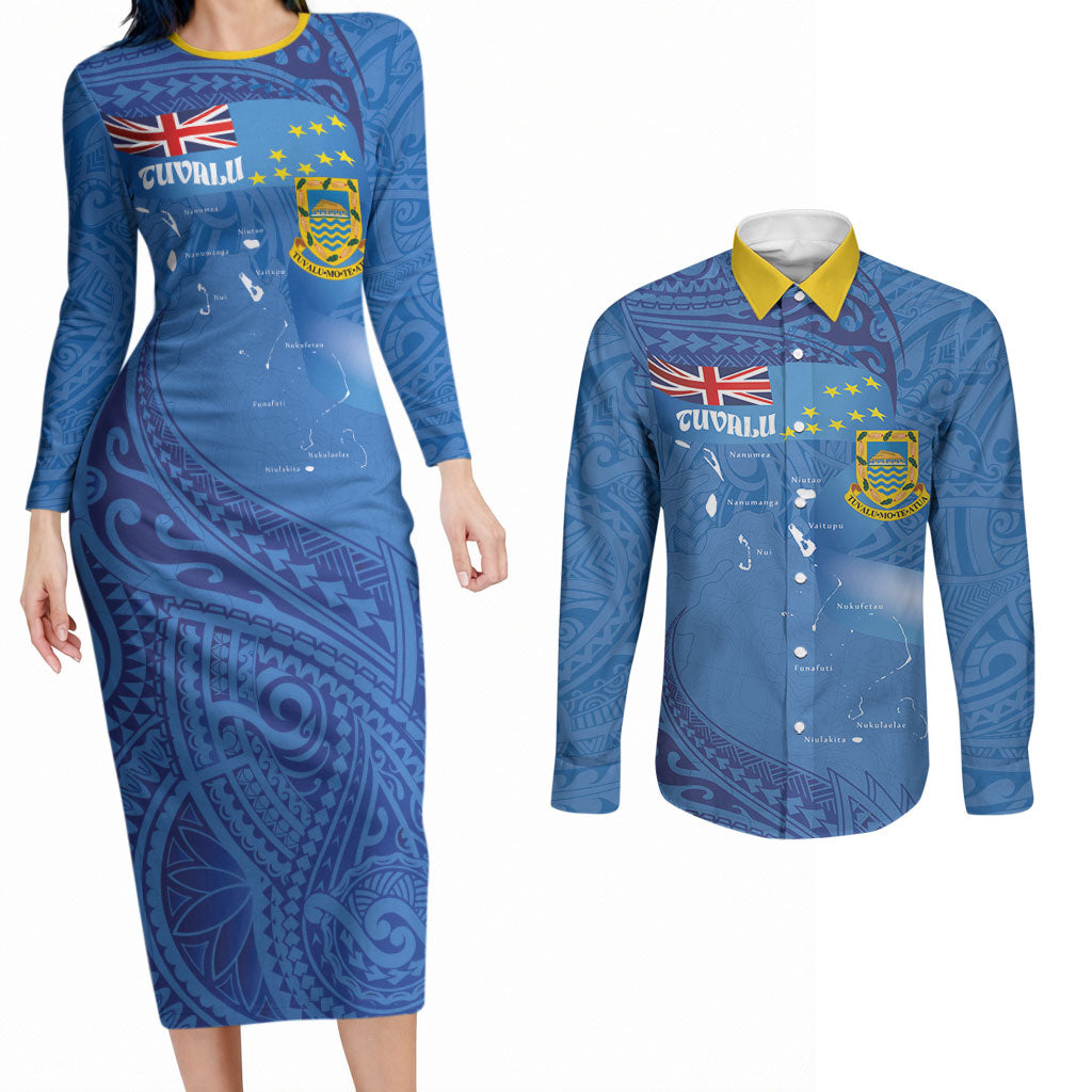 Tuvalu Heritage Couples Matching Long Sleeve Bodycon Dress and Long Sleeve Button Shirt Map of the Islands and Polynesia Pattern LT03 Blue - Polynesian Pride