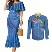 Tuvalu Heritage Couples Matching Mermaid Dress and Long Sleeve Button Shirt Map of the Islands and Polynesia Pattern LT03 Blue - Polynesian Pride