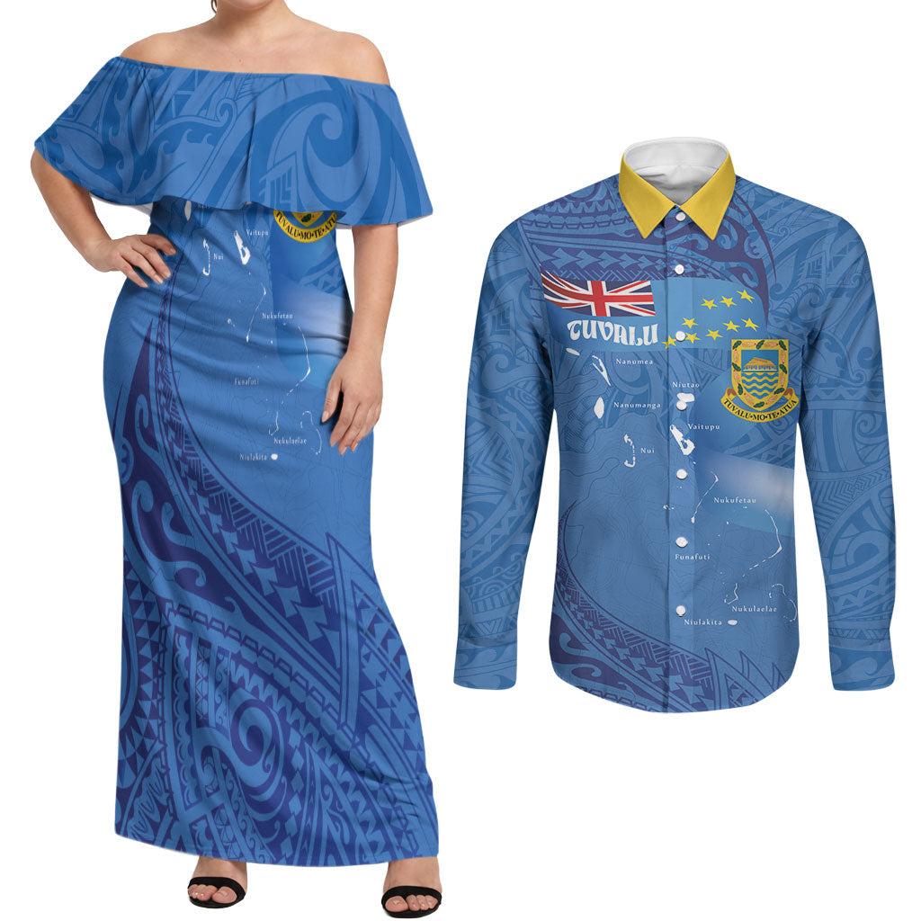 Tuvalu Heritage Couples Matching Off Shoulder Maxi Dress and Long Sleeve Button Shirt Map of the Islands and Polynesia Pattern LT03 Blue - Polynesian Pride