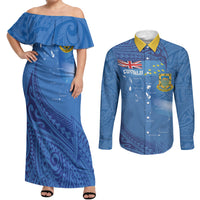 Tuvalu Heritage Couples Matching Off Shoulder Maxi Dress and Long Sleeve Button Shirt Map of the Islands and Polynesia Pattern LT03 Blue - Polynesian Pride