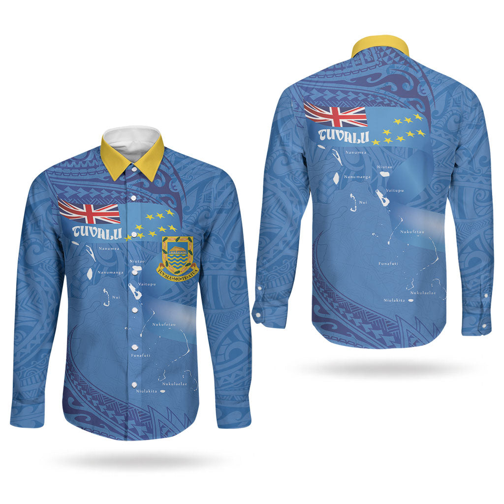 Tuvalu Heritage Couples Matching Off Shoulder Maxi Dress and Long Sleeve Button Shirt Map of the Islands and Polynesia Pattern LT03 - Polynesian Pride