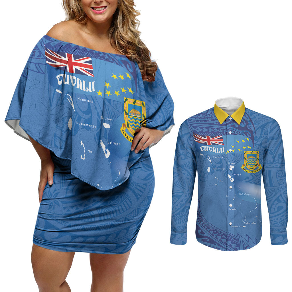 Tuvalu Heritage Couples Matching Off Shoulder Short Dress and Long Sleeve Button Shirt Map of the Islands and Polynesia Pattern LT03 Blue - Polynesian Pride