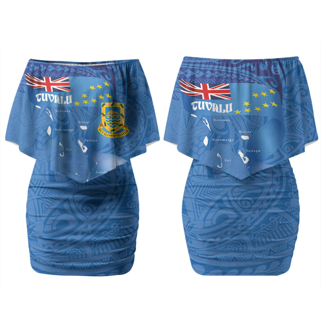 Tuvalu Heritage Couples Matching Off Shoulder Short Dress and Long Sleeve Button Shirt Map of the Islands and Polynesia Pattern LT03 - Polynesian Pride