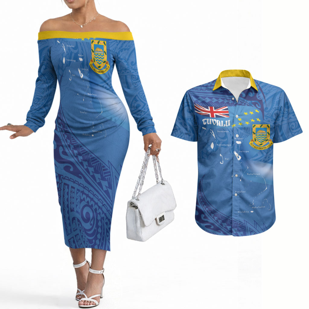 Tuvalu Heritage Couples Matching Off The Shoulder Long Sleeve Dress and Hawaiian Shirt Map of the Islands and Polynesia Pattern LT03 Blue - Polynesian Pride