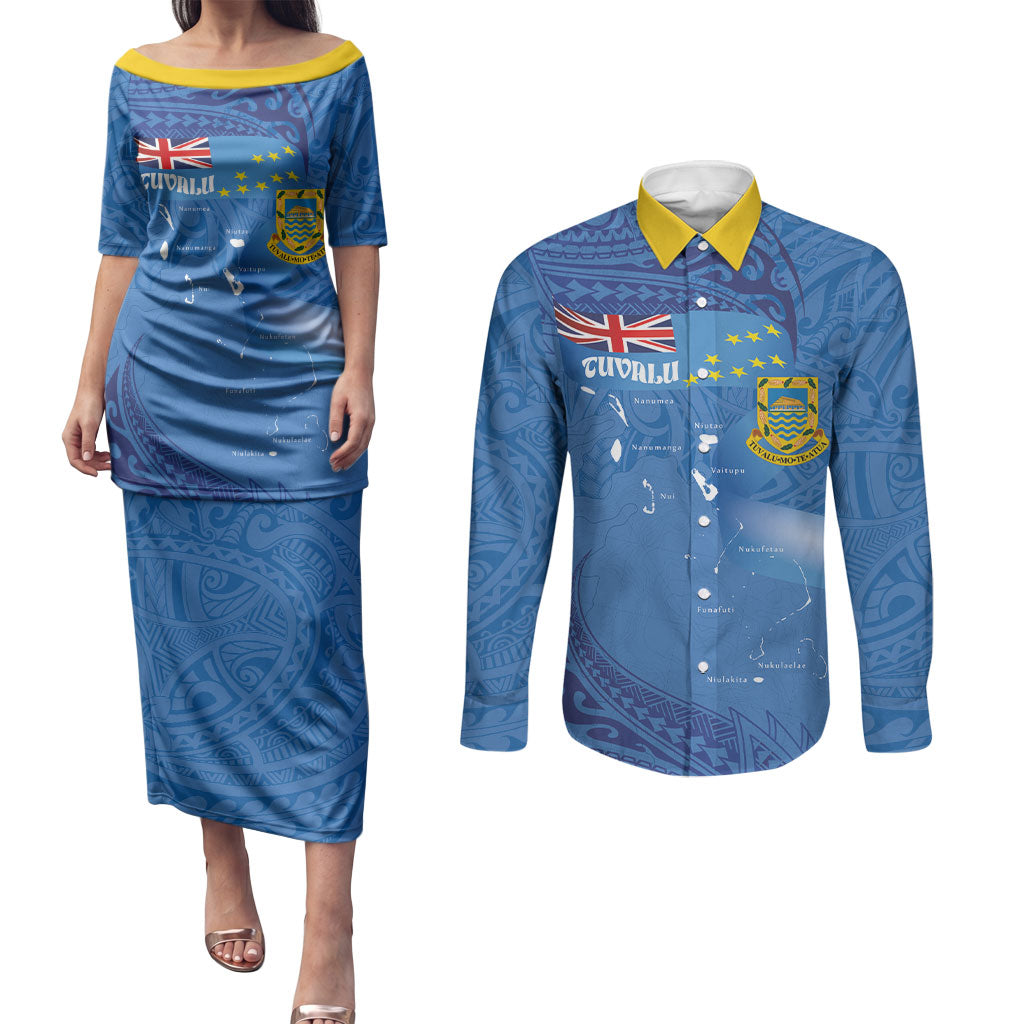 Tuvalu Heritage Couples Matching Puletasi and Long Sleeve Button Shirt Map of the Islands and Polynesia Pattern LT03 Blue - Polynesian Pride