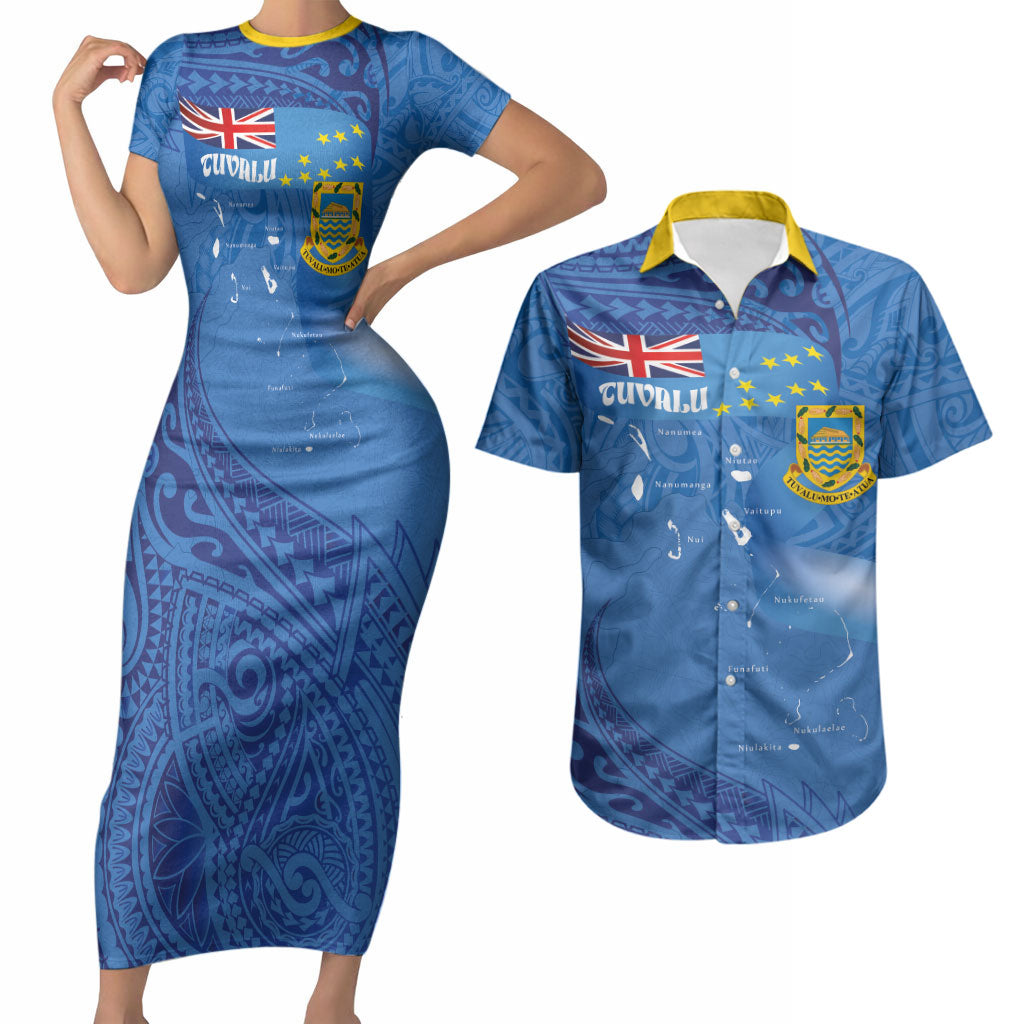 Tuvalu Heritage Couples Matching Short Sleeve Bodycon Dress and Hawaiian Shirt Map of the Islands and Polynesia Pattern LT03 Blue - Polynesian Pride
