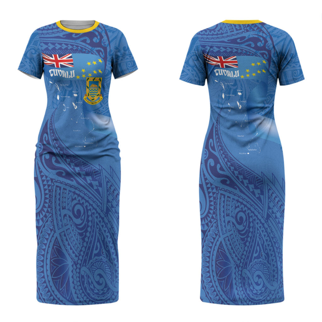 Tuvalu Heritage Couples Matching Short Sleeve Bodycon Dress and Hawaiian Shirt Map of the Islands and Polynesia Pattern LT03 - Polynesian Pride
