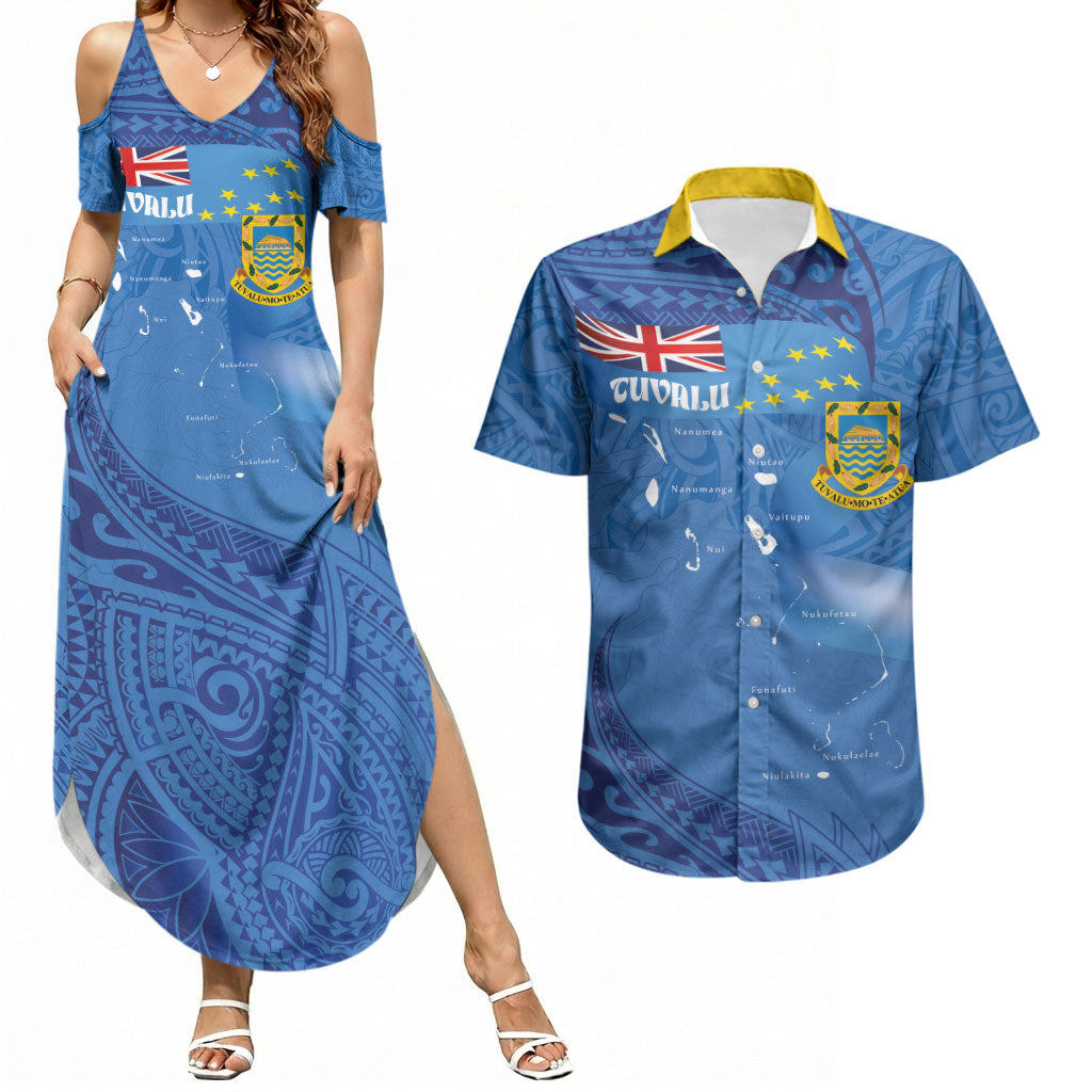 Tuvalu Heritage Couples Matching Summer Maxi Dress and Hawaiian Shirt Map of the Islands and Polynesia Pattern LT03 Blue - Polynesian Pride