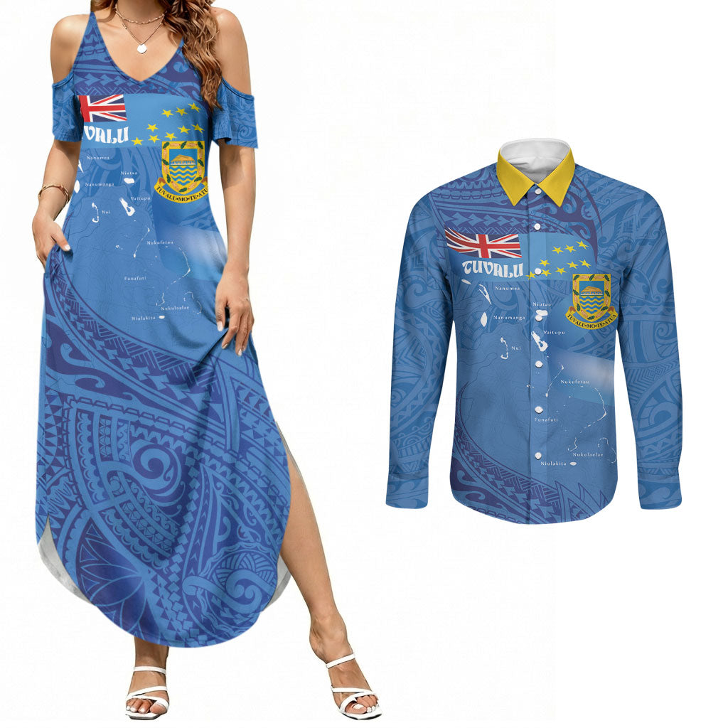 Tuvalu Heritage Couples Matching Summer Maxi Dress and Long Sleeve Button Shirt Map of the Islands and Polynesia Pattern LT03 Blue - Polynesian Pride