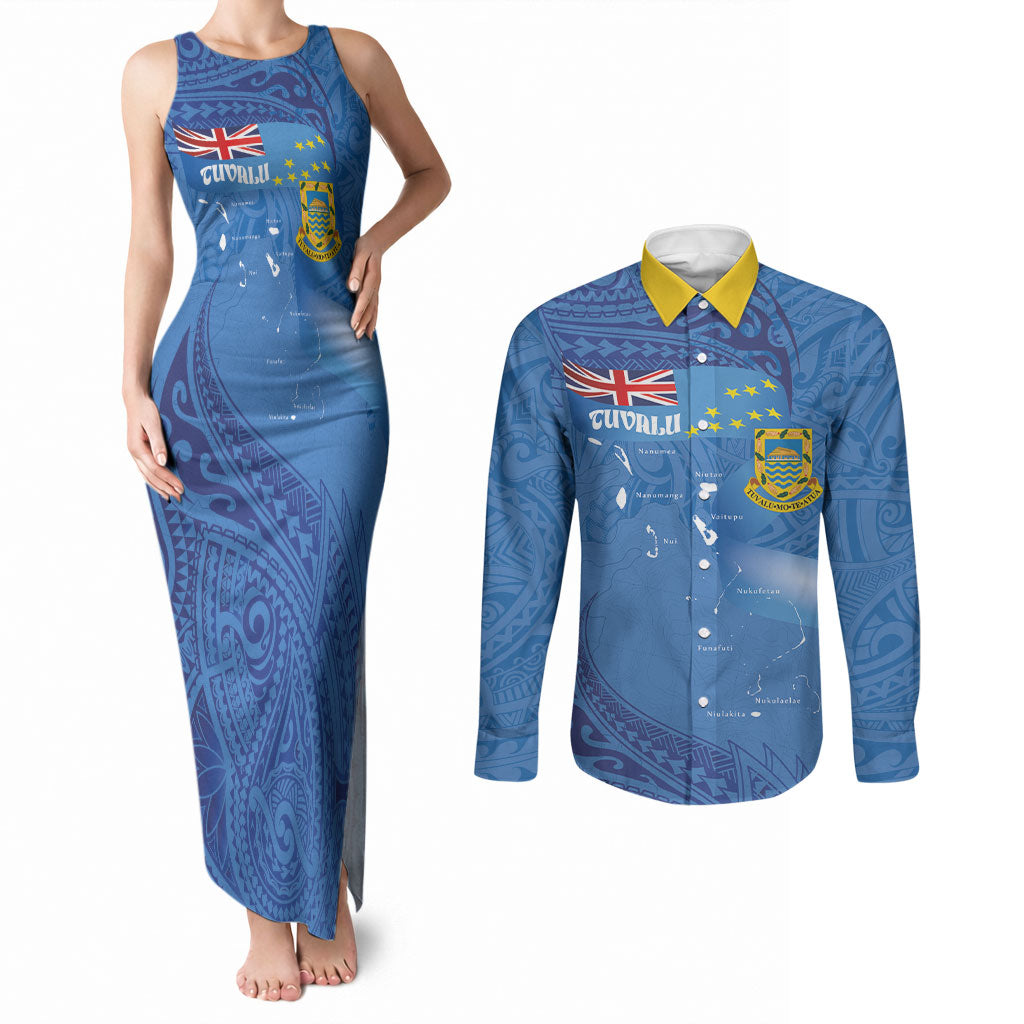 Tuvalu Heritage Couples Matching Tank Maxi Dress and Long Sleeve Button Shirt Map of the Islands and Polynesia Pattern LT03 Blue - Polynesian Pride