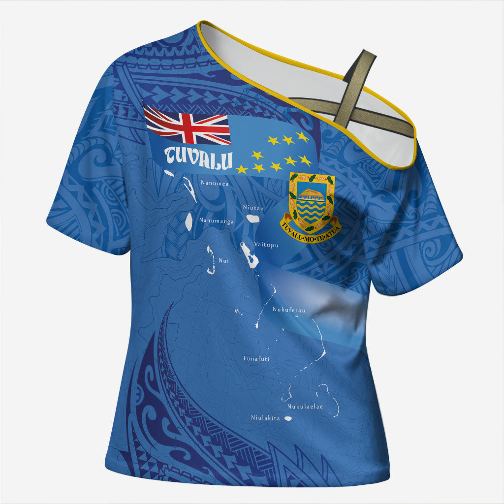 Tuvalu Heritage Cross Shoulder Shirt Map of the Islands and Polynesia Pattern LT03 Female Blue - Polynesian Pride