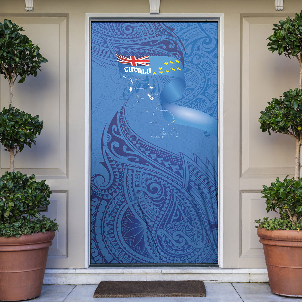 Tuvalu Heritage Door Cover Map of the Islands and Polynesia Pattern LT03 Blue - Polynesian Pride