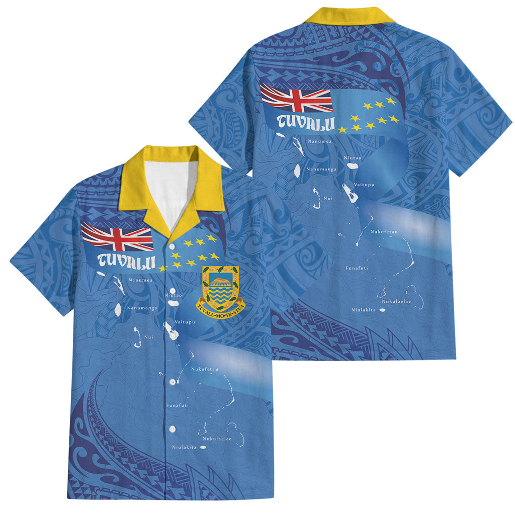 Tuvalu Heritage Family Matching Off The Shoulder Long Sleeve Dress and Hawaiian Shirt Map of the Islands and Polynesia Pattern LT03 Dad's Shirt - Short Sleeve Blue - Polynesian Pride