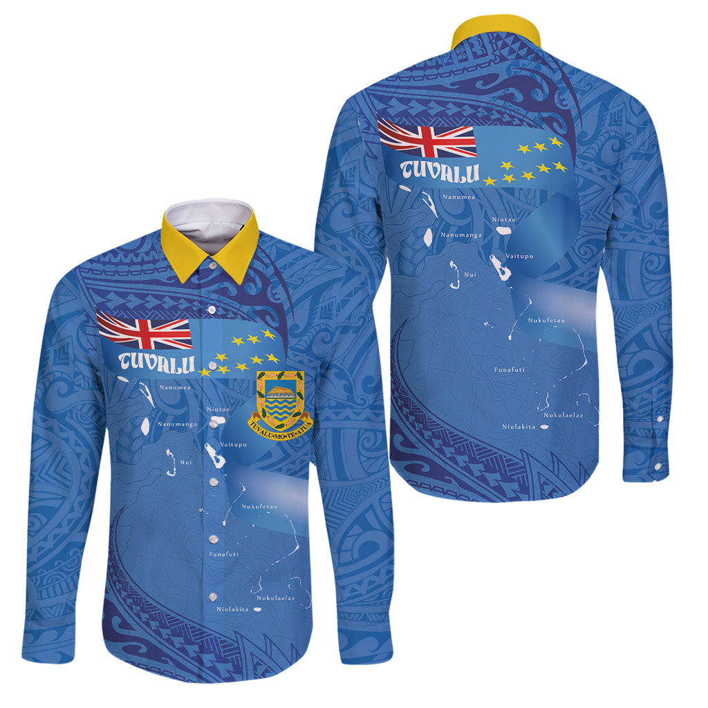 Tuvalu Heritage Family Matching Off The Shoulder Long Sleeve Dress and Hawaiian Shirt Map of the Islands and Polynesia Pattern LT03 Dad's Shirt - Long Sleeve Blue - Polynesian Pride