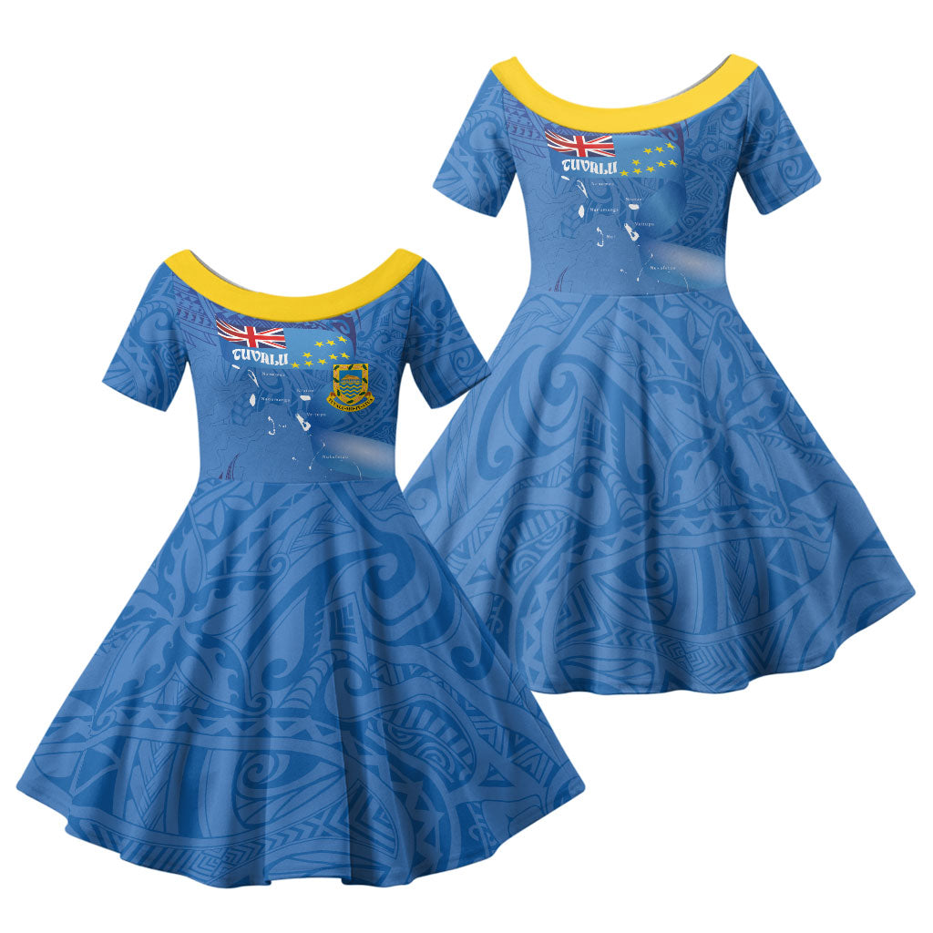 Tuvalu Heritage Family Matching Off The Shoulder Long Sleeve Dress and Hawaiian Shirt Map of the Islands and Polynesia Pattern LT03 Daughter's Dress Blue - Polynesian Pride