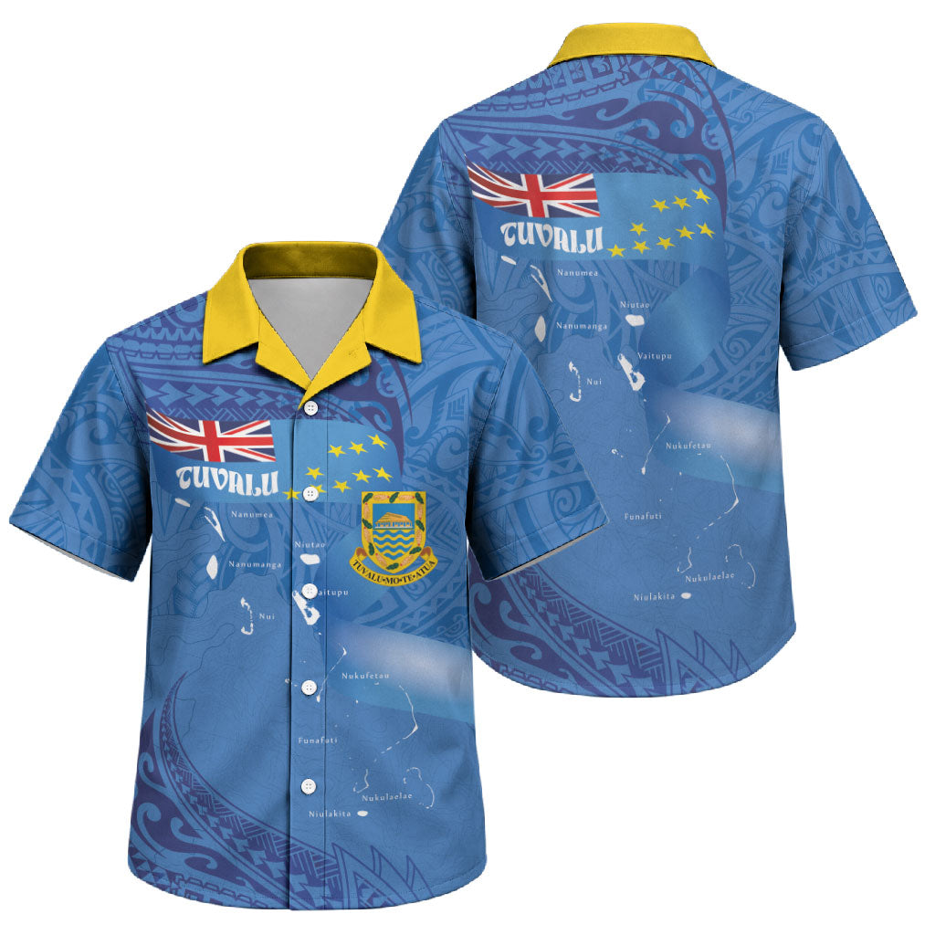 Tuvalu Heritage Family Matching Off The Shoulder Long Sleeve Dress and Hawaiian Shirt Map of the Islands and Polynesia Pattern LT03 Son's Shirt Blue - Polynesian Pride