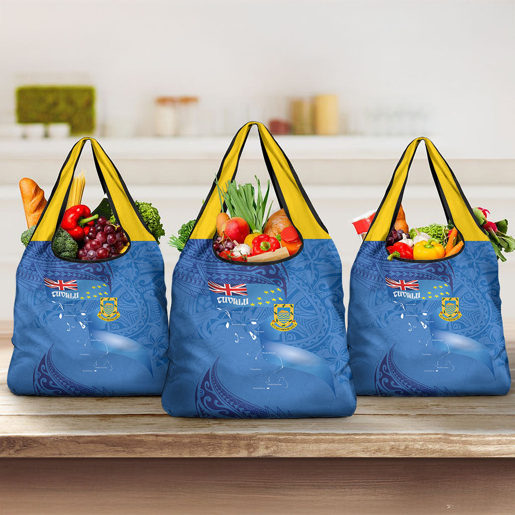Tuvalu Heritage Grocery Bag Map of the Islands and Polynesia Pattern LT03 3-pack One Size Blue - Polynesian Pride