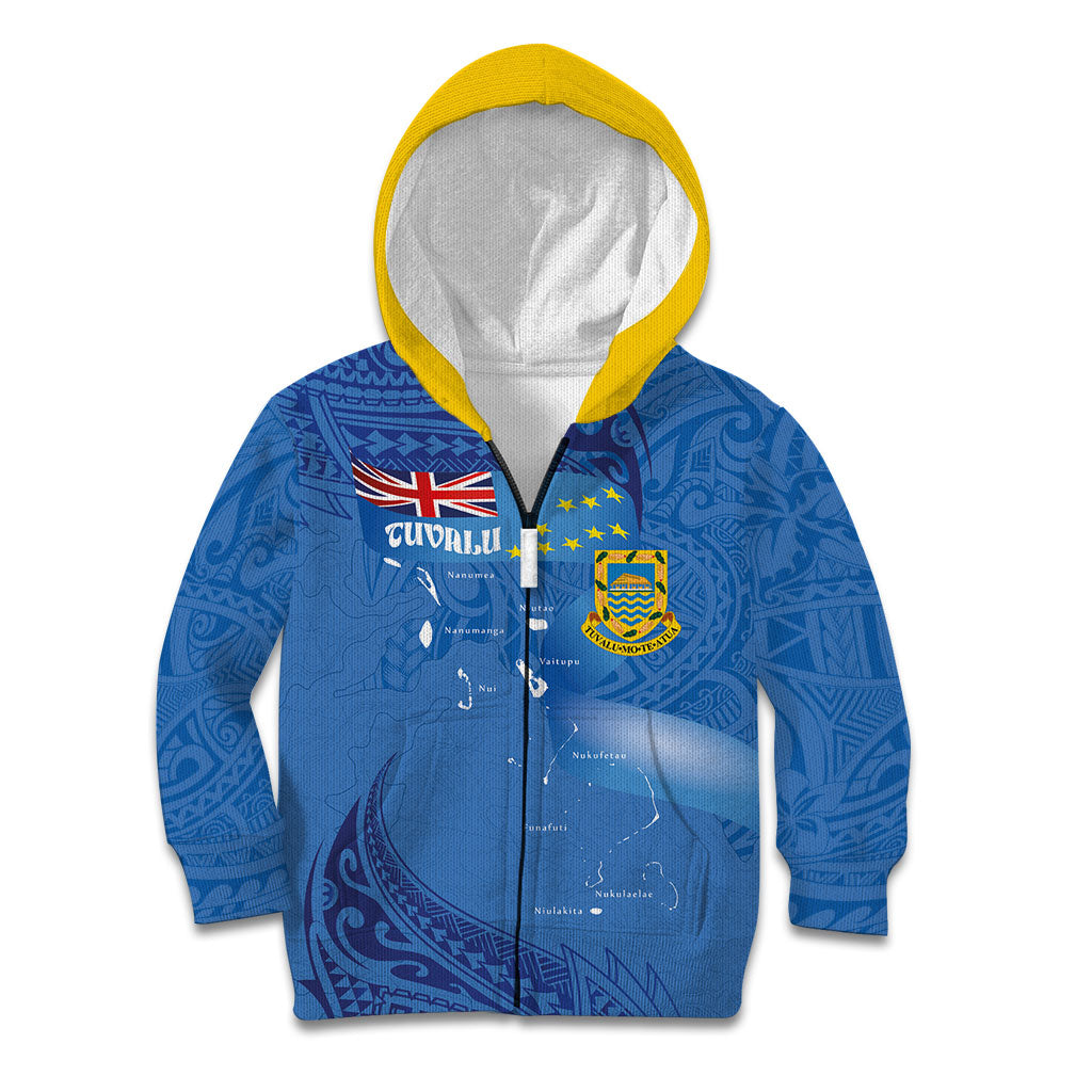 Tuvalu Heritage Kid Hoodie Map of the Islands and Polynesia Pattern LT03 Zip Hoodie Blue - Polynesian Pride