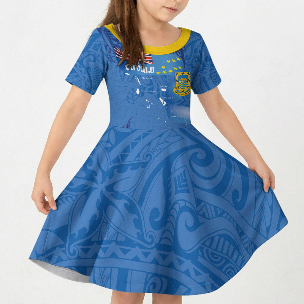 Tuvalu Heritage Kid Short Sleeve Dress Map of the Islands and Polynesia Pattern LT03 KID Blue - Polynesian Pride