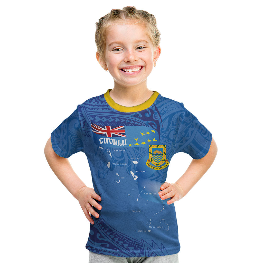 Tuvalu Heritage Kid T Shirt Map of the Islands and Polynesia Pattern LT03 Blue - Polynesian Pride
