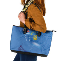 Tuvalu Heritage Leather Tote Bag Map of the Islands and Polynesia Pattern LT03 Blue - Polynesian Pride
