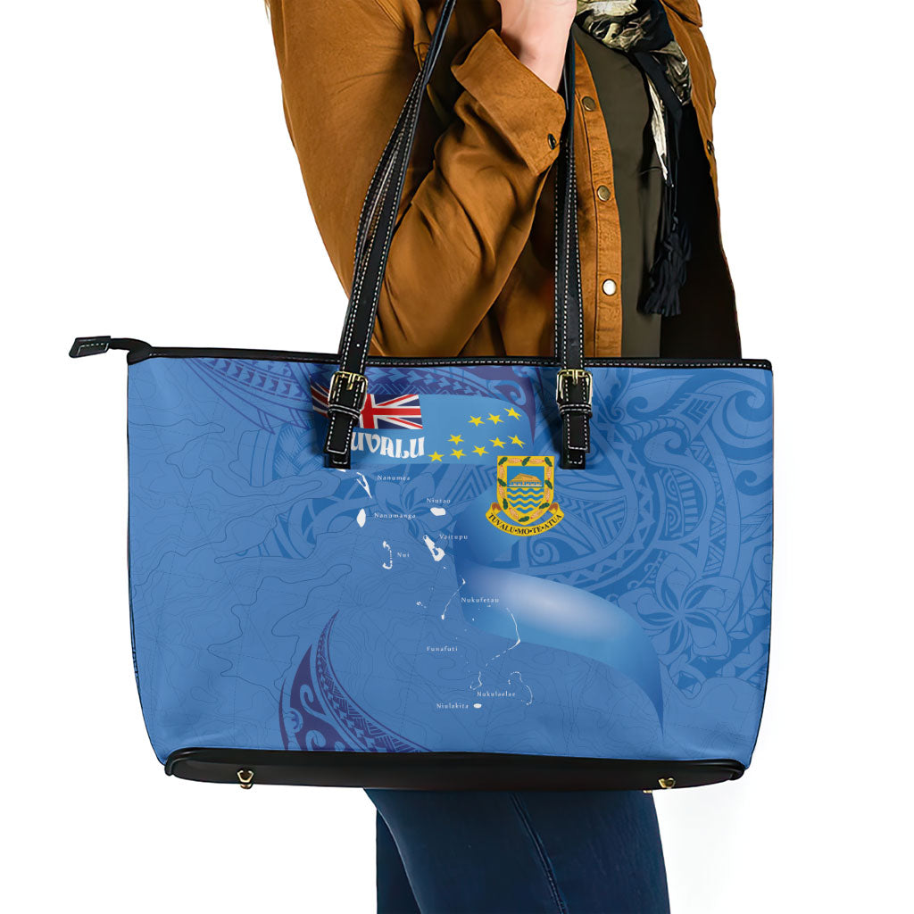 Tuvalu Heritage Leather Tote Bag Map of the Islands and Polynesia Pattern LT03 - Polynesian Pride