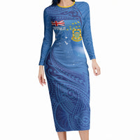Tuvalu Heritage Long Sleeve Bodycon Dress Map of the Islands and Polynesia Pattern LT03 Long Dress Blue - Polynesian Pride