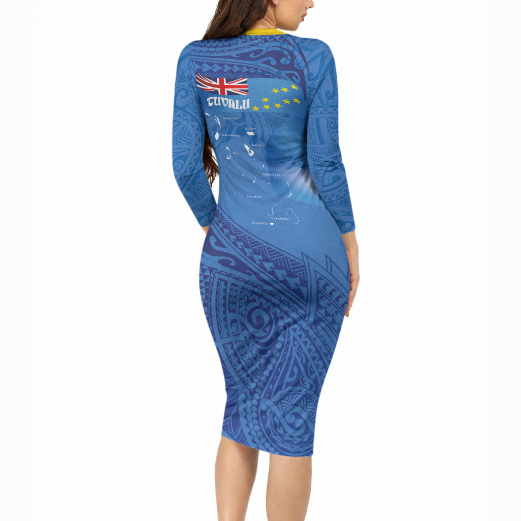 Tuvalu Heritage Long Sleeve Bodycon Dress Map of the Islands and Polynesia Pattern LT03 - Polynesian Pride