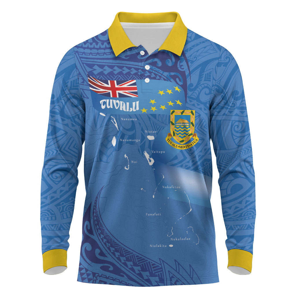 Tuvalu Heritage Long Sleeve Polo Shirt Map of the Islands and Polynesia Pattern LT03 Blue - Polynesian Pride