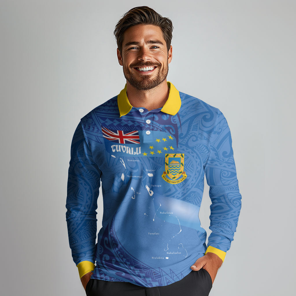Tuvalu Heritage Long Sleeve Polo Shirt Map of the Islands and Polynesia Pattern LT03 - Polynesian Pride