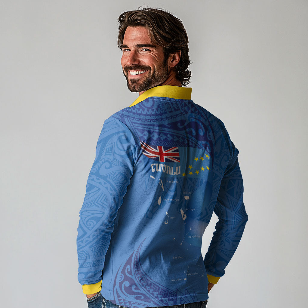 Tuvalu Heritage Long Sleeve Polo Shirt Map of the Islands and Polynesia Pattern LT03 - Polynesian Pride