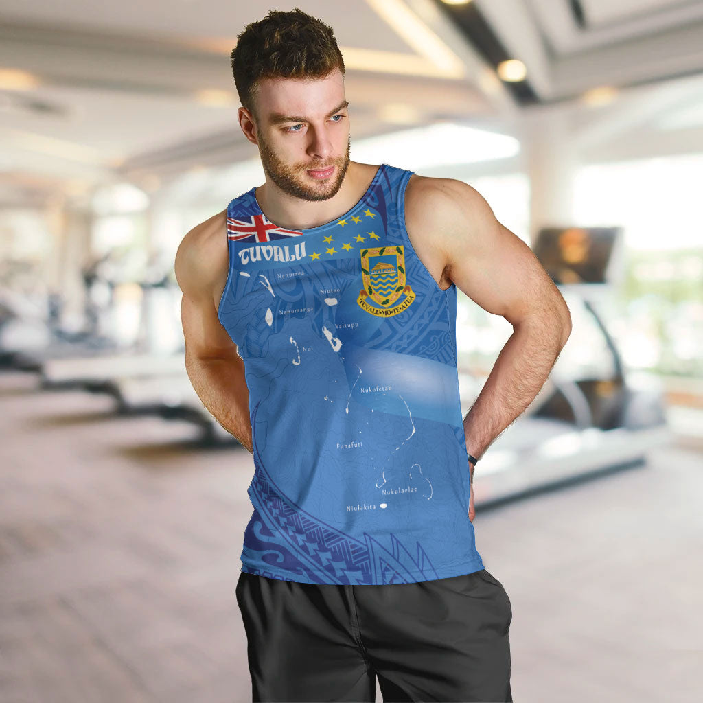 Tuvalu Heritage Men Tank Top Map of the Islands and Polynesia Pattern LT03 Blue - Polynesian Pride