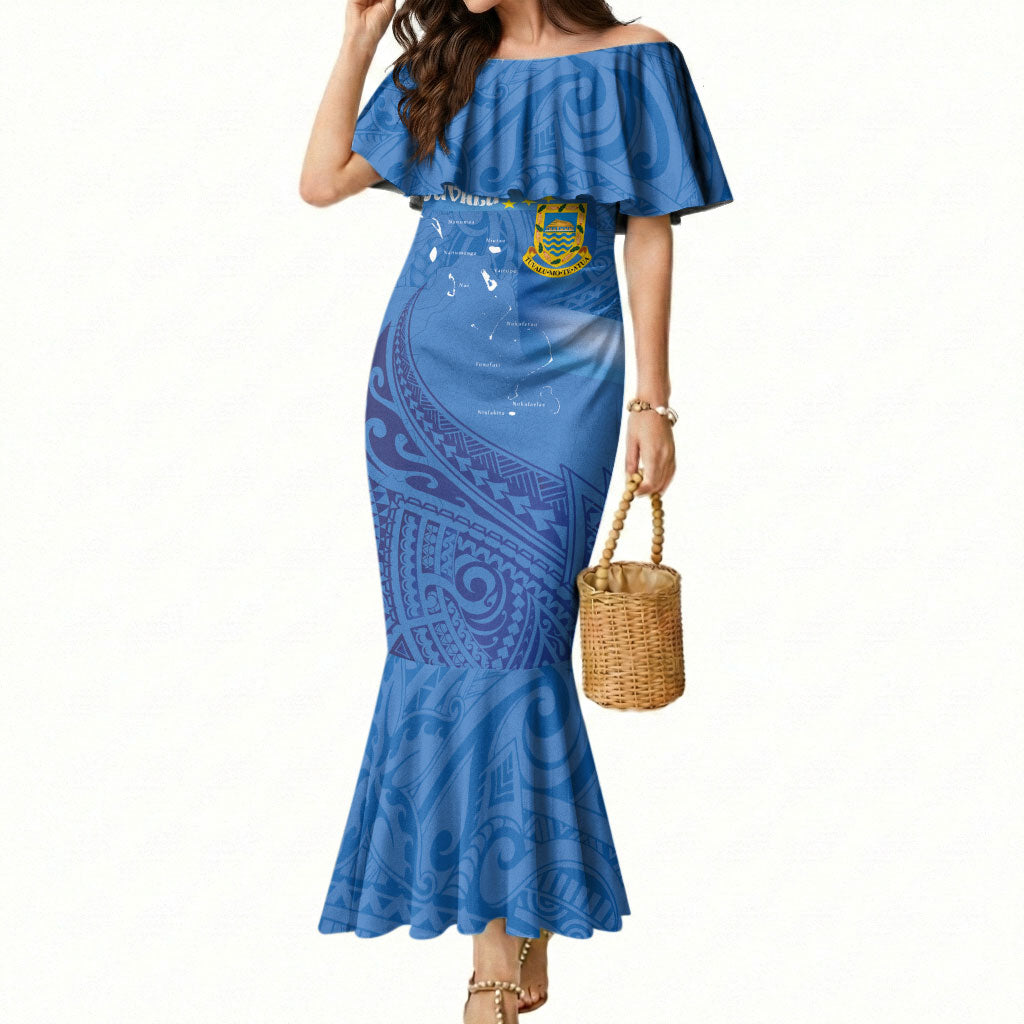 Tuvalu Heritage Mermaid Dress Map of the Islands and Polynesia Pattern LT03 Women Blue - Polynesian Pride