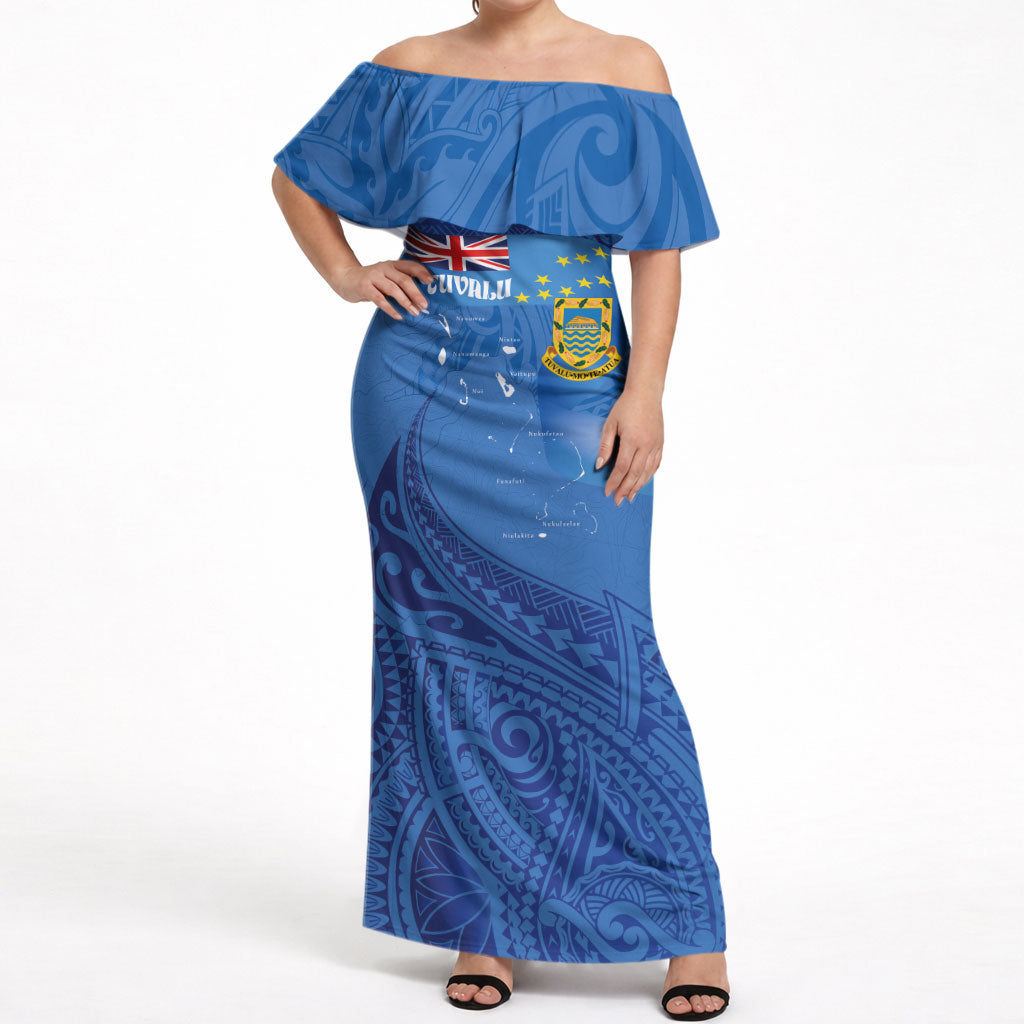 Tuvalu Heritage Off Shoulder Maxi Dress Map of the Islands and Polynesia Pattern LT03 Women Blue - Polynesian Pride