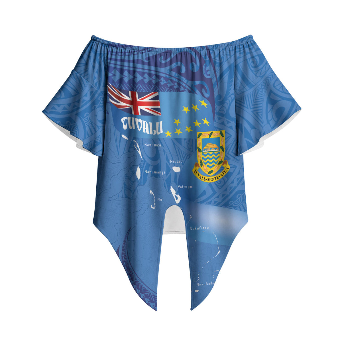 Tuvalu Heritage Off Shoulder Wrap Waist Top Map of the Islands and Polynesia Pattern LT03 Blue - Polynesian Pride