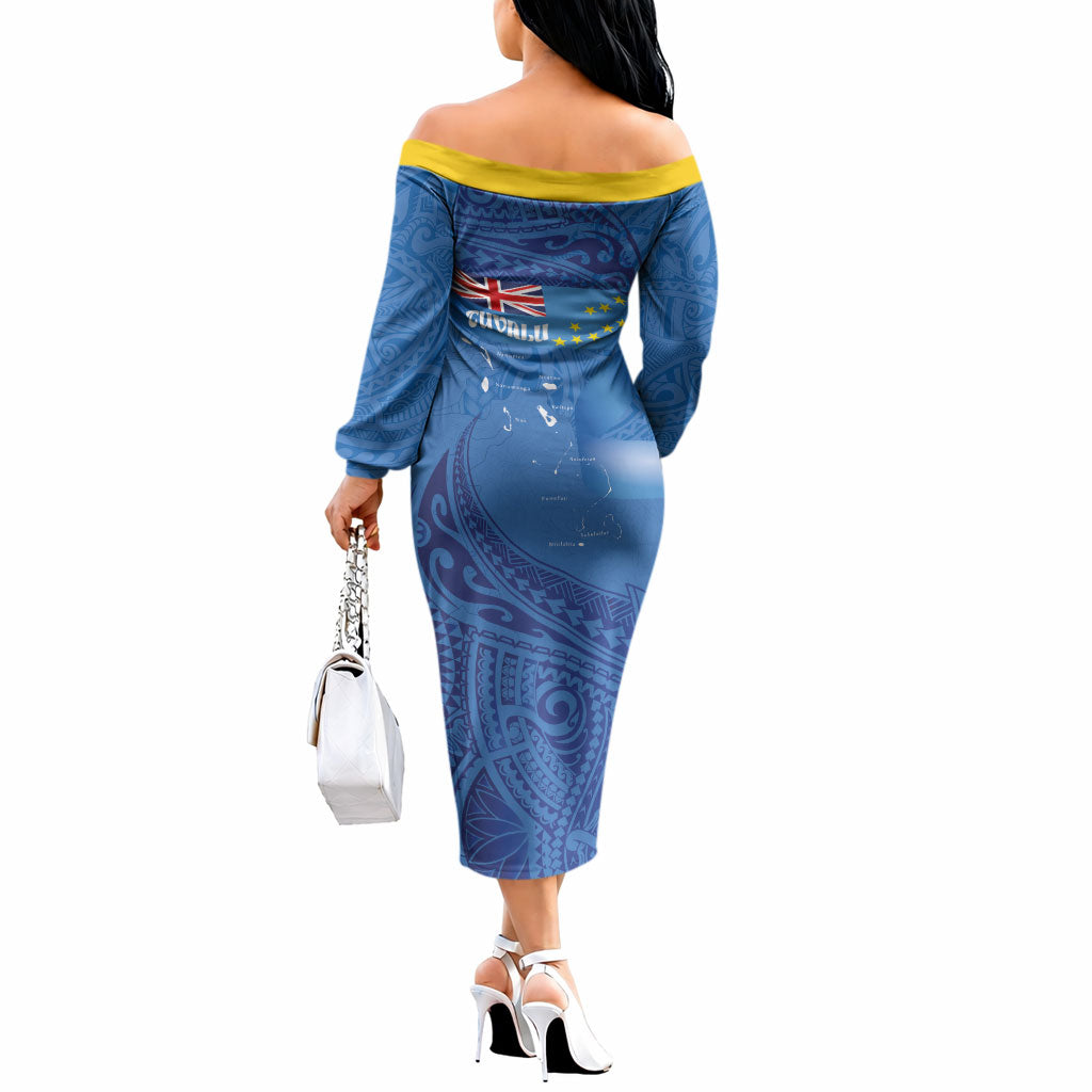 Tuvalu Heritage Off The Shoulder Long Sleeve Dress Map of the Islands and Polynesia Pattern LT03 - Polynesian Pride