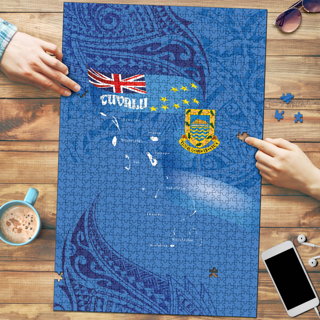 Tuvalu Heritage Puzzle Map of the Islands and Polynesia Pattern LT03 Blue - Polynesian Pride