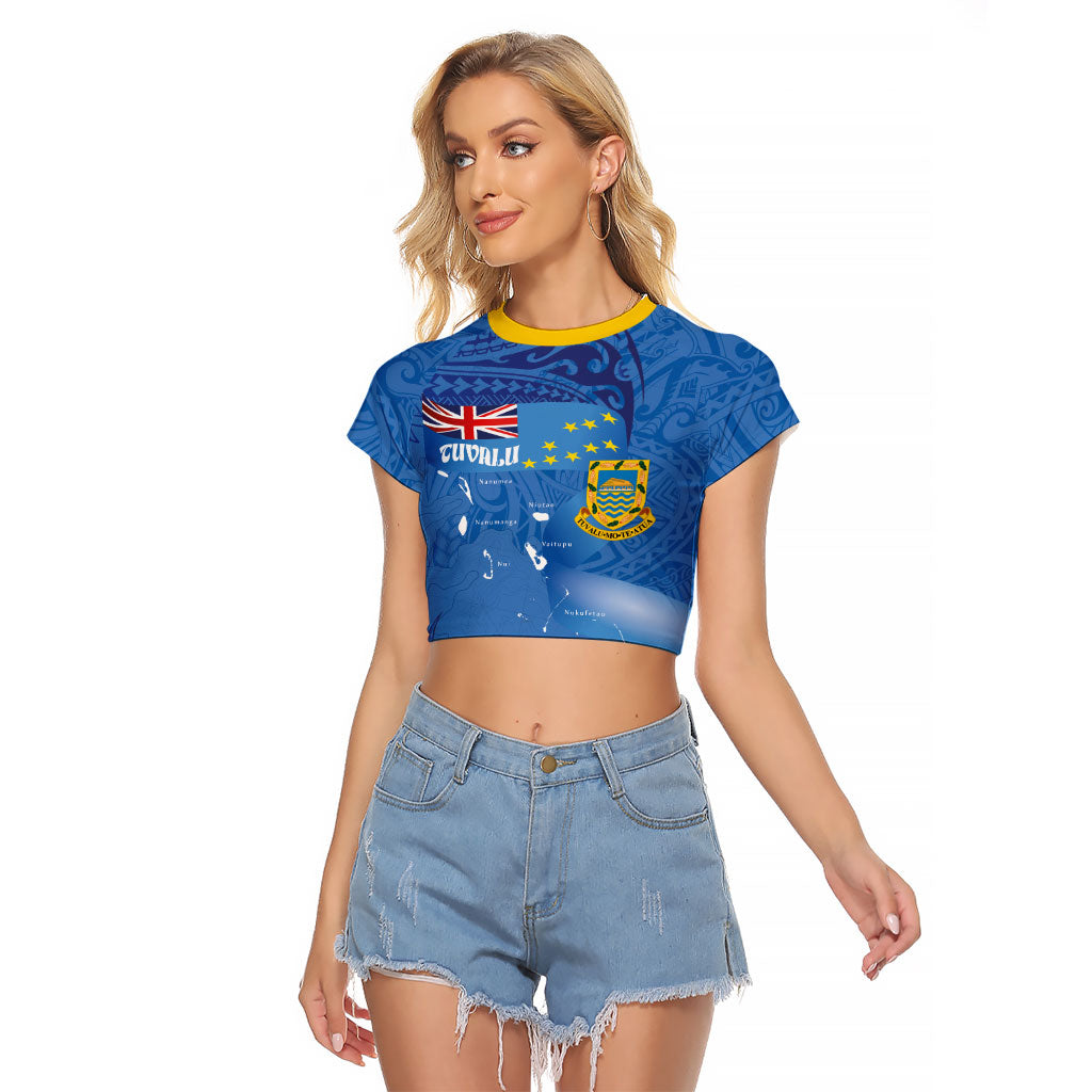 Tuvalu Heritage Raglan Cropped T Shirt Map of the Islands and Polynesia Pattern LT03 Female Blue - Polynesian Pride
