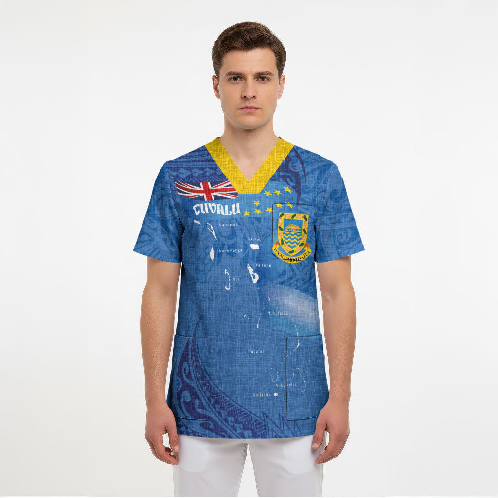 Tuvalu Heritage Scrub Top Map of the Islands and Polynesia Pattern LT03 - Polynesian Pride